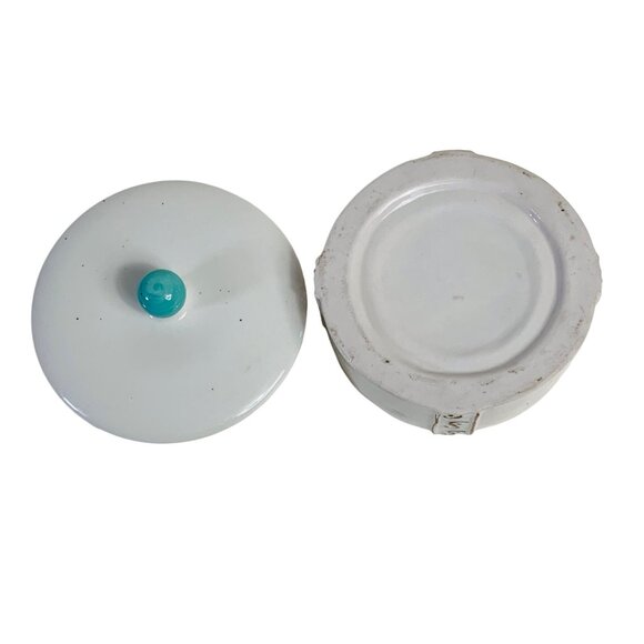 Iridescent Trinket Box Vanity Power Dish Lid Speckled Turquoise Knob Ceramic VTG - Picture 5 of 13